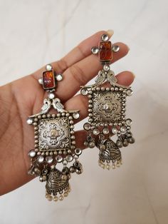 Around 3.5 inches long Light weight Brass made Metal Chandelier Earrings With Latkans In Temple Jewelry Style, Traditional Metal Plug Earrings For Party, Traditional Earrings With Bells, Fusion Style Latkan Earrings For Rituals, Temple Jewelry Metal Earrings With Tilla, Traditional Silver Earrings With Bells, Handmade Metal Jhumkas, Handmade Metal Dangle Jhumkas, Traditional Silver Bell Earrings