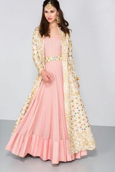 MAHIMA MAHAJAN - ivory and gold floral embroidered jacket with pink anarkali gown Mahima Mahajan, Gown With Jacket, Pink Anarkali, Pink Gown, Anarkali Gown, Wedding Cocktail