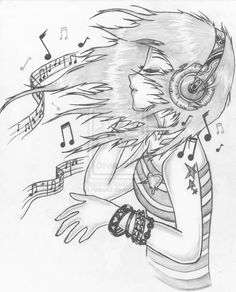 a pencil drawing of a girl with headphones and music notes around her neck,