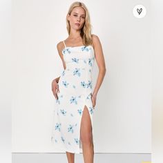 Sold Out Online! Beautiful Floral Print Midi Dress Perfect For Casual Or Formal Occasions -Lightweight Fabric With A Delicate Floral Blue Pattern -Adjustable Spaghetti Straps -Side Slit White Floral Midi Dress, White Floral Print Dress, High Low Midi Dress, Midi Dress Formal, Midi Ruffle Dress, Floral Print Midi Dress, Sleeveless Midi Dress, Midi Cocktail Dress