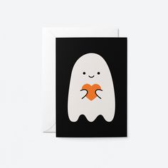 a black and white greeting card with a ghost holding an orange in it's hand