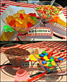 there are many different types of candies in the bowl on the table, including candy