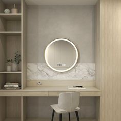 a white chair sitting in front of a desk with a round mirror on the wall