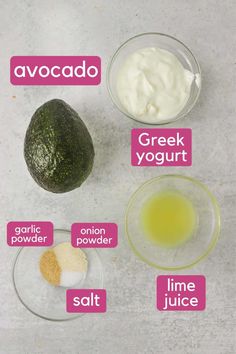 an avocado, greek yogurt, garlic powder, lime juice and other ingredients