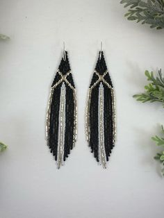 Black Handwoven Drop Earrings, Handwoven Black Drop Earrings, Black Handwoven Dangle Jewelry, Handwoven Black Beaded Dangle Earrings, Bohemian Silver Beaded Earrings With Tiny Beads, Bohemian Silver Beaded Earrings, Black Earrings With Handwoven Round Beads, Black Handwoven Earrings With Round Beads, Black Handwoven Dangle Earrings