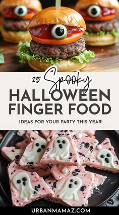 halloween finger food with eyes and ghost faces on it, in front of a hamburger