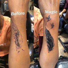 two people with tattoos on their legs, one has a feather and the other has an arrow