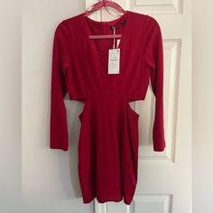 So Fun For A Holiday Party, This Dress Is New With Tags! Zara Long Sleeve Red Mini Dress, Red Cutout Spring Dress, Spring Red Cutout Dress, Red Long Sleeve Midi Dress For Night Out, Red Cutout Evening Dress, Zara Red Dress For Night Out, Red Fitted Cutout Dress, Fitted Red Cutout Dress, Red Zara Mini Dress For Date Night