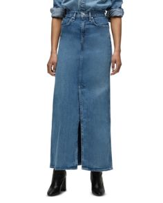 Hudson Denim Maxi Skirt Medium Wash Long Skirt For Fall, Fall Long Skirt In Medium Wash, Fall Medium Wash Long Skirt, High Rise Skirt For Fall Workwear, High Rise Skirt For Workwear, Fall Season, Fall Full Length Fitted Denim Skirt, Fitted High Rise Skirt For Fall, Fall Workwear Skirt In Medium Wash, Chic Full Length Denim Skirt For Fall