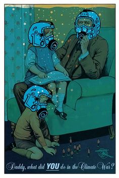 three people wearing gas masks sitting on a couch