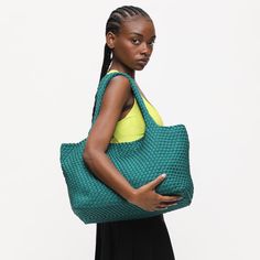 Woman wearing Forest Sol and Selene Sky's The Limit - Large Tote 841764108232 View 1 | Forest Packable Shoulder Bag For On-the-go, Packable Tote Shoulder Bag For On-the-go, Green Tote Weekender Bag For On-the-go, Large Casual Bag For On-the-go, Versatile Green Shoulder Bag With Braided Handles, Functional Packable Shoulder Bag For Shopping, Green Bags With Braided Handles For On-the-go, Everyday Packable Shoulder Bag With Double Handle, Everyday Packable Double Handle Shoulder Bag