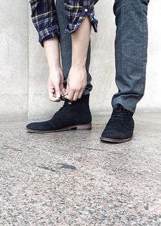 The must-have boots for this chilly season | Darren Tsang sports these leather lace-up boots with grey slacks and a plaid button-down Grey Slacks, Fade Styles, Leather Lace Up Boots, Suede Material, Outfit Combinations, Lace Up Boots, Leather And Lace, Personal Style, Lace Up