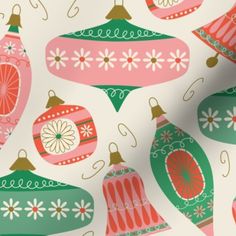 an image of christmas ornaments in pink and green on a white background with gold accents