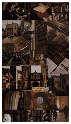 collage of books and people in an old library