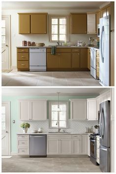 two pictures of the same kitchen with different appliances