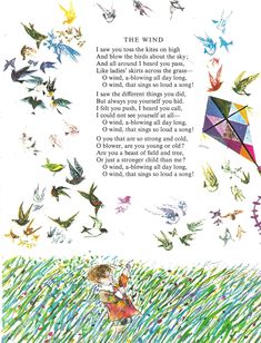 a child flying a kite in the sky with birds around it and poem written below