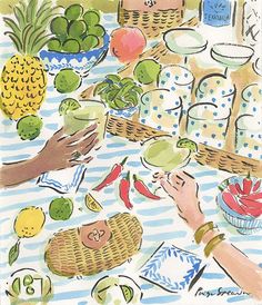 a drawing of people eating at a table with fruits and vegetables on it, including pineapples