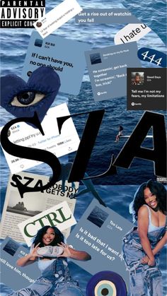 a collage of photos with the word sla on it and various images in blue