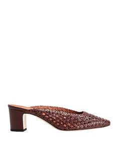 Brown Mules With Sculpted Open Heel, Brown Closed Toe Mules With Sculpted Heel, Brown Square Toe Mules With Padded Heel, Brown Square Toe Mules With Stacked Heel, Chic Formal Mules With Woven Leather, Chic Formal Woven Leather Mules, Formal Woven Leather Mules, Spring Woven Leather Mules With Block Heel, Chic Woven Leather Mules With Open Heel