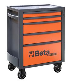 an orange and black tool box on wheels with the word beta printed on it