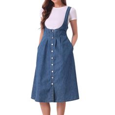 The buttons down the front elongate making it so easy to throw on! The pinafore dress has a U-neck, and button front. Suitable for spring/summer and many occasions, such as Weekend Gathering, Holiday, Vacations, Shopping, Daily Wear, School, Casual Street, etc. This dress features a button-down design adding a casual feel to your daily look, can pair High heels and a Stylish bag with it, and a different beautiful look will occur. Blue Pinafore Dress, Spring Button-up Denim Dress In Relaxed Fit, Non-stretch Buttoned Denim Dress, Cheap Vintage Button-up Denim Dress, Knee-length Denim Dress With Button Closure And Relaxed Fit, Non-stretch Medium Wash Denim Dress With Button Closure, Midi Denim, Denim Maxi Dress, Denim Midi Dress