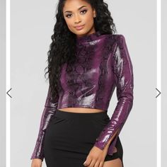 Fashionnova Snake Print Top Purple Mock Neck Snake Print Long Sleeve Zipper Back 90% Polyester 10% Spandex New No Flaws Fitted Purple Crop Top For Fall, Stretch Crop Top For Date Night In Fall, Purple Tops For Fall Night Out, Purple Tops For Night Out In Fall, Purple Top For Night Out In Fall, Purple Fitted Crop Top For Club, Fitted Purple Crop Top For Club, Purple Stretch Club Top, Purple Stretch Tops For Club