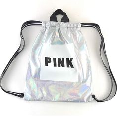 New With Tags And In Package Pink Iridescent Metallic Drawstring Bag With Logo Black Pink Screen Print On White, Drawstring Too Closure, 2 Top Carry Handles, Soft Interior Lining, 18" H X 15" W. Backpack With Pins, Vs Pink Backpack, Pink Screen, Pink Backpack Victoria Secret, Galaxy Backpack, Victoria Secret Backpack, Pink Convertible, Sequin Backpack, Pink Iridescent