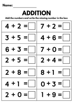 addition worksheet with numbers and missing number in the box for students to use