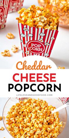 cheddar cheese popcorn in a glass bowl with the title above it and an image of