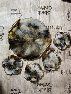 an assortment of oysters sitting on top of a wooden table