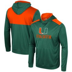 The Men's Colosseum Green Miami Hurricanes Warm Up Long Sleeve Hoodie T-Shirt is the perfect way to show your support for the Miami Hurricanes. Made from lightweight polyester, this hoodie is ideal for mild temperatures and features screen-printed graphics that proudly display your team pride. With two side pockets for convenience, this hoodie is a must-have for any Miami Hurricanes fan. Moisture-wicking Hooded Tops For Sports Events, Sports Fan Hoodie Top, Hooded Sportswear Tops For Fan Gear, Sports Fan Apparel Top With Drawstring Hood, Sports Fan Apparel Tops With Drawstring Hood, Sports Event Fan Apparel Tops With Drawstring Hood, Fan Apparel Tops With Drawstring Hood For Sports Events, Sporty Tops With Drawstring Hood For Fan Merchandise, Fan Gear Sportswear Hoodie With Crew Neck