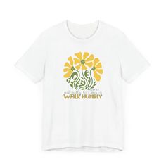 Embrace the powerful message of Micah 6:8 with our "Act justly, love mercy, walk humbly" Christian Shirt for Women, featuring a high-quality print of this scripture verse on a white shirt adorned with retro yellow daisies. Made from Bella Canvas cotton, this shirt beautifully blends style and faith, allowing you to express your Christian values with grace and conviction. ✔️High Quality Materials100% cottonClassic fitTear-away label ✔️Size chart:Our sizing is unisex TRUE TO SIZE FIT. When in doubt of your size, measure one of your shirts you like the fit of, then compare it to the size chart. ✔️ HIGH TECH PRINTING: We use top quality printing technologies, which create stunningly vibrant colors and sharp graphics. All of our shirts are printed in the USA. We will crop or mask your image for Inspirational White Shirt With Graphic Print, Love Mercy Walk Humbly, Office Backpack, Teacher Notepad, Micah 6 8, Christian Values, Walk Humbly, Retro Yellow, Denim Hoodie