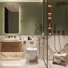 a bathroom with a toilet, sink and shower in the middle of it's walls