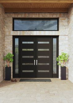 two potted plants sit on the side of a house entrance with double doors and brick walls