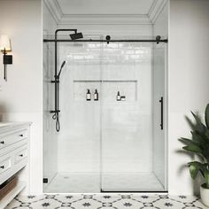 a bathroom with a shower, toilet and sink in it's center area next to a potted plant