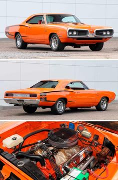 an orange muscle car with the hood up