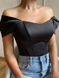 Solid Off Shoulder Corset Bandeau Top - AnotherChill Satin Corset Top, Short Sleeve Shirt Women, Corset Crop Top, Retro Mode, Womens Tops Summer, Strapless Tops, Satin Top, Corset Style, Off Shoulder Tops