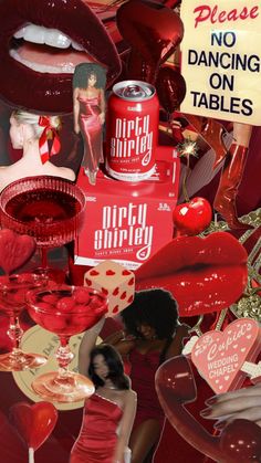 Cherry Girl Party Aesthetic, Red dressed, dirty Shirley cocktails, red hearts, red lips, retro cocktail glasses, red boots, cherries, red vintage signs Girl Party Aesthetic, 23rd Birthday Themes, Dirty Shirley, Dirty Thirty Birthday, Cherry Girl, 21st Birthday Decorations