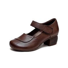 Gender: Women Type: Pumps Main Materials: Cowhide Insole: Pigskin Sole: Rubber Type of Closure: Velcro Tape Style: Daily, Casual, Retro Season: Spring, Autumn Heel Height: Medium (5 cm) Brown High Heel Court Shoes With Stacked Heel, Brown Closed Toe Block Heels For Work, Fall Leather Shoes With Block Heel And Medium Width, Fall Leather Shoes With Block Heel, Brown Closed Toe Block Heels With Heel Strap, Brown Leather Block Heels With Padded Heel, Brown Closed Toe Block Heels With Stacked Heel, Leather Low Heel Block Heels For Fall, Brown Leather Block Heels With Heel Loop