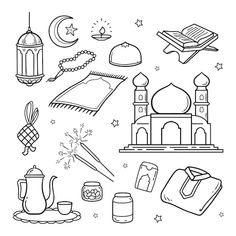 an illustration of islamic symbols and their meanings in black and white, with stars on the background