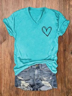 Women's Attitude Like Beth Booty Like Lainey Loyal Like Teeter Print V-Neck T-Shirt Casual Blue T-shirt With Heart Graphic, V-neck Top With Heart Graphic For Summer, Green V-neck Tops With Letter Print, V-neck Letter Print T-shirt For Fall, Stretch V-neck Top With Letter Print, V-neck Tops With Heart Graphic For Summer, Fall V-neck Graphic Tee T-shirt, V-neck T-shirt With Letter Print In Relaxed Fit, Fall V-neck T-shirt With Letter Print