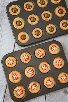 two muffin tins filled with mini chocolate covered cookies