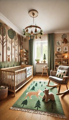 a baby's room decorated in green and brown