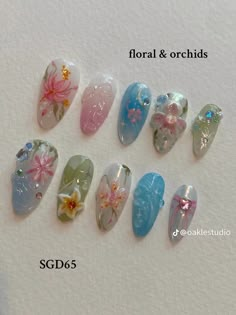 Spring Nails Inspiration, Press On Nail Art, Nail Art Aesthetic, Orchid Nails, Aesthetic Floral, Grunge Nails, Soft Nails