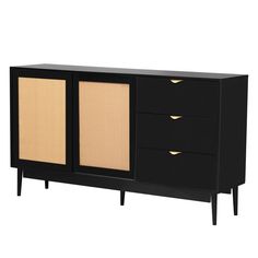 the sideboard is black and has three drawers on one side, two doors on the other