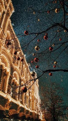 christmas lights are hanging on the side of an old building