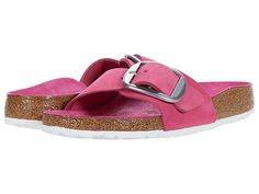 Birkenstock Madrid Big Buckle - Women's Sandals : Fuchsia Tulip Nubuck : Please be advised that the Birkenstock® Narrow width can accommodate both traditional narrow and medium widths. The Madrid Big Buckle by Birkenstock is the iconic style you love, with contemporary and bold buckles you'll love even more! Premium leather uppers with an open toe. Slip-on slide with an adjustable buckle closure. The leather lined, contoured cork footbed will mold to the shape of your foot creating a custom foot Spring Suede Slides With Buckle Closure, Spring Suede Footbed Sandals With Buckle Closure, Spring Cork Footbed Sandals With Buckle Closure, Birkenstock Madrid Big Buckle, Birkenstock Women, Birkenstock Madrid, Birkenstock Gizeh, Nubuck Leather, On Shoes