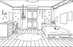 a black and white drawing of a bedroom