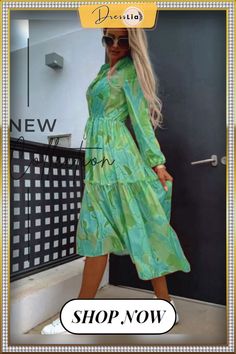 Autumn Print Long Sleeve Dress Loose Fashion Long Skirt Street Dress Elegant Women's Dresses for Party Dresses for Women Green A-line Chiffon Summer Dress, Green Non-stretch Midi Dress For Party, Casual Fitted Chiffon Dress For Party, Casual Fitted Chiffon Party Dress, Fitted Casual Chiffon Dress For Party, Green Long Sleeve Chiffon Dress, Long Sleeve Green Chiffon Dress, Green Non-stretch Midi Dress, Non-stretch Chiffon Mini Dress