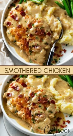 smothered chicken with a brown gravy with bacon bits Dinner For 9 People, Winter Family Dinners, Dinner Ideas With Baked Potatoes, Recipes For Company Dinner, Cold Weather Food Dinner Tonight, Large Family Dinner Recipes, Guest Dinner Ideas Meals, Warm Fall Meals, Fall Comfort Meals